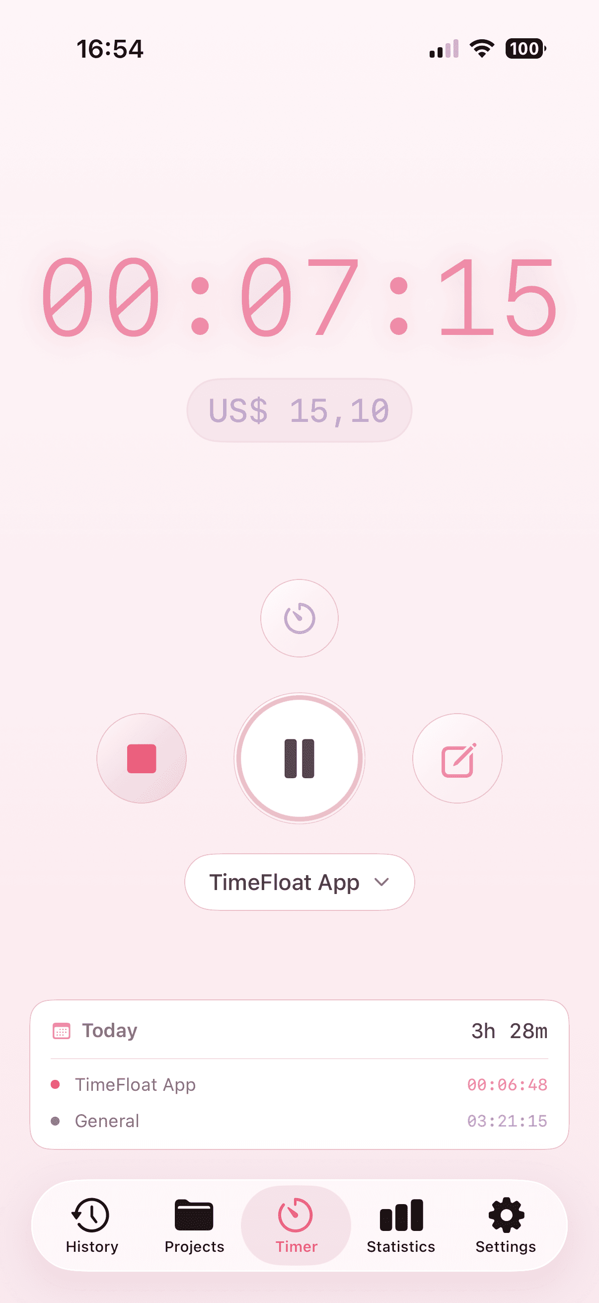 TimeFloat iOS app showing Pink Rose theme